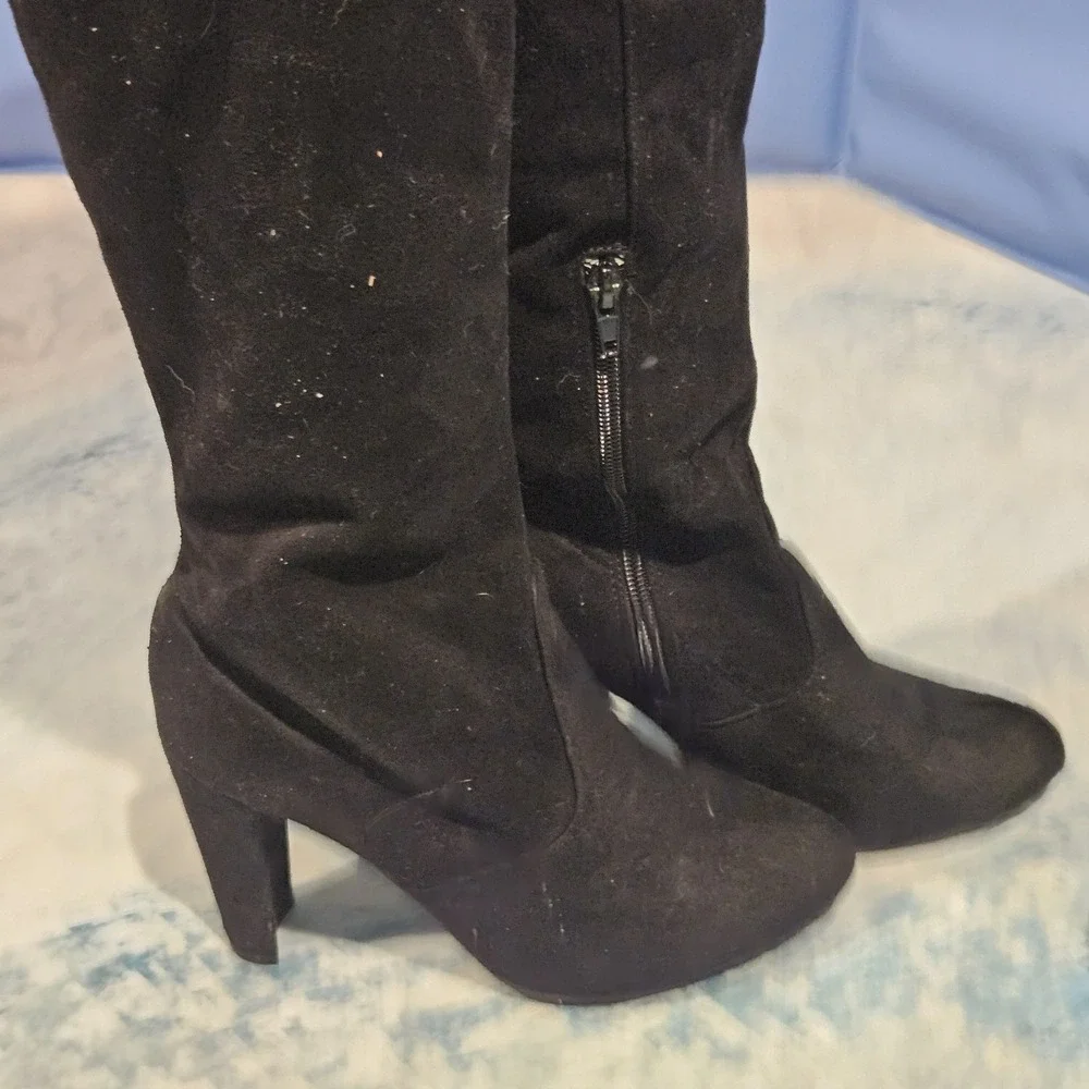 Women's‎ Size 8 Black Over The Knee Boots Block Heel Back Tie Zip Faux Suede